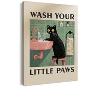 Qiukoo Bathroom Wall Art Canvas with Pre-Framed and Hanging Hooks - Funny Cat Print Wash Your Little Paws, Toilet or Bathroom Decor Sign for Cat Lovers, 16 x 20 inch