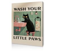 Qiukoo Bathroom Wall Art with Pre-Framed Canvas and Hanging Hooks - Funny Cat Print “Wash Your Little Paws”, Toilet or Bathroom Decor Sign for Cat Lovers, 12" x 16"
