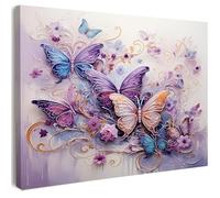 Qiukoo Canvas Wall Art Framed - Purple Butterfly Floral Artwork, Elegant Abstract Wall Decor for Bedroom, Living Room, Hallway or Entryway Home Decoration, with Hooks and Nails, 16 x 20 inch