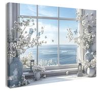 Qiukoo Canvas Wall Art Framed - Serene Blue Ocean Window View Artwork with White Flowers, Calm Coastal Style Wall Decor for Living Room, Bedroom, Hallway or Entryway, with Hooks and Nails, 12x16 Inch