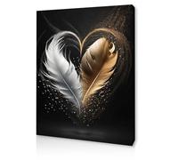 Qiukoo Framed Canvas Wall Art - Gold and Black Feather Heart Artwork, Waterproof Modern Print with Hook, Wall Decoration for Living Room or Bedroom, Elegant Pictures for Bedroom Walls - 16 x 20 inch