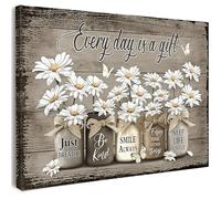 Qiukoo Framed Canvas Wall Art with Hanging Hooks Rustic Daisy and Mason Jar Print Every Day Is a Gift with Inspirational Quotes Farmhouse Wall Décor for Bedroom Living Room Hallway or Stairs 12" x 16"