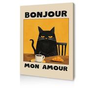 Qiukoo Framed Canvas Wall Art with Pre-Framed Canvas and Hanging Hooks - Funny Cat Print Bonjour Mon Amour, Modern Wall Art for Living Room, Bedroom, Kitchen or Coffee Corner, 16 x 20 inch