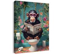 Qiukoo Funny Monkey Bathroom Wall Art - Waterproof Framed Canvas with Hanging Hooks, Toilet Wall Picture of Monkey Reading Newspaper, Humorous Bathroom or Toilet Decoration, 12 x 16 Inches