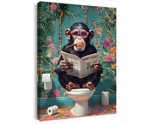 Qiukoo Funny Monkey Bathroom Wall Art - Waterproof Framed Canvas with Hanging Hooks, Toilet Wall Picture of Monkey Reading Newspaper, Humorous Bathroom or Toilet Decoration, 12 x 16 Inches
