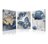 Qiukoo Set of 3 Framed Canvas Wall Art - Waterproof Modern Artwork with Hooks, Blue Butterfly and Floral Prints for Living Room Wall, Bedroom Pictures for Wall Decoration - 12x16 Inch