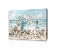 Qiukoo Wall Art Coastal Canvas Wall Print with Pre-Mounted Frame and Hanging Hooks Beach Style Bedroom or Living Room Decor Framed Picture with Seashells and Flowers for Hallway or Staircase 12×16 in