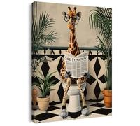 Qiukoo Wall Art Funny Giraffe Toilet Print - Framed Canvas Artwork for Bathroom Pictures and Decor, Waterproof Toilet Wall Art with Frame and Hanging Hooks, 12x16 Inch