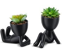 QIUKUN Fake Mini Succulents Plants Artificial in Black Modern Human Shaped Ceramic Pots Cute Desk Decor Desk Plant for Office Decor for Women Cute Fake Plants Bathroom Decor (2PCS)