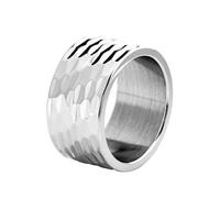 QIUMING 1Pcs 12MM Mens Silver Color Stainless Steel Ring Hammered Multi-Faceted Polished Stepped Edges Men Engagement Ring Anniversary Gifts