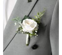 QIUMING 1Pcs White Rose Artifical Boutonnieres Groomsmen Witness Marriage Wedding Accessories for Wed Party