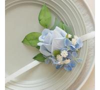 QIUMING 2Pcs Blue Boutonniere Set for Wedding Prom Artificial Rose Flower Wrist Corsage Homecoming Purple Wristlet Flower Bracelets Wedding