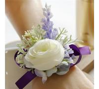 QIUMING 2Pcs Rose Lavender Man Wedding Boutonniere Purple Ribbon Wrist Corsage Bridesmaid Bracelet Flowers Witness Buttonhole