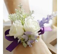 QIUMING 2Pcs Rose Lavender Man Wedding Boutonniere Purple Ribbon Wrist Corsage Bridesmaid Bracelet Flowers Witness Buttonhole