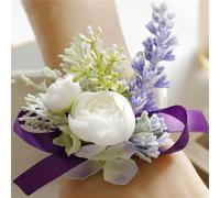 QIUMING 2Pcs Rose Lavender Man Wedding Boutonniere Purple Ribbon Wrist Corsage Bridesmaid Bracelet Flowers Witness Buttonhole