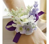 QIUMING 2Pcs Rose Lavender Man Wedding Boutonniere Purple Ribbon Wrist Corsage Bridesmaid Bracelet Flowers Witness Buttonhole