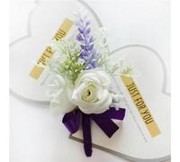 QIUMING 2Pcs Rose Lavender Man Wedding Boutonniere Purple Ribbon Wrist Corsage Bridesmaid Bracelet Flowers Witness Buttonhole
