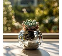 Qiumyanlod Small Disco Ball Vase,Disco Ball Planter,Disco Ball Bowl,Disco Plant Holder,Disco Flower Pot,Silver Glass Mirror Mosaic Disco Ball Vase Decor for Table,Party,Bar,Birthday,Wedding,3* 4*4IN