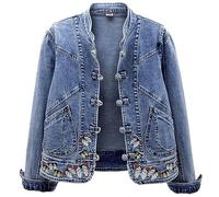 QIUNI Short Denim Jacket Vintage Embroidered Stretch Jacket Women's Spring and Autumn All Match Fashion Harajuku Slim Tops