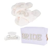 Qiuruoo Bride To Be Gift Set-Cosmetic bag with “MRS” monogram, faux cashmere bridal slippers, hair clipswedding gifts for couples 2025, Cosmetic Bag + Slippers + Grab Clip