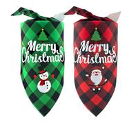 Qiuyan 2 PCS Christmas Dog Bandanas Classic Plaid Triangle Dog Scarf with Merry Christmas Santa Snowman for Small Medium Dogs (Red Green)