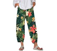 QIUYI Women Flower Print Harem Pants Crop Pants Spring Summer Elastic Waist Loose Capri Pant Beach Trousers with Pocket (Green-05, L)