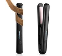 Qivange 2 in 1 Cordless Hair Straighteners and Curler, Mini Travel Portable USB Rechargeable Hair Straighteners with 4 Heating Levels & Preheat Display, Black