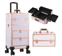 Qivange 4 in 1 Makeup Case Aluminium Vanity Case with Detachable Makeup Box and 2 Sliding Drawers,Professional Beauty Hairdressing Trolley on Wheels with Key Lock (White)