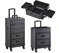 Qivange 4 in 1 Makeup Case Aluminium Vanity Case with Detachable Makeup Box and 2 Sliding Drawers,Professional Beauty Hairdressing Trolley on Wheels with Key Lock (Black)