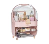 Qivange Multifunctional Makeup Organizer Case with Lid Drawers 3-Layer Desktop Cosmetic Storage Box with Waterproof Transparent Cover & Handle for Dresser Bathroom Countertop 27x18.2x36.5cm(pink)