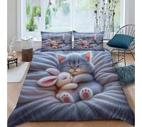 QIVELDE Cat Rabbit Bedding Set 3D Digital Printing Warm Domestic Animals Duvet Cover Set Microfiber Quilt Cover Universal for All Seasons with Pillow King（220x240cm）