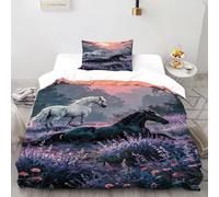 QIVELDE Horses Flowers Bedding Set 3D Digital Printing Graceful FieldBeasts Duvet Cover Set Pillowcase Microfiber Quilt Cover Suitable for Family,couple,children Single（135x200cm）