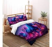 QIVELDE Horses Lights Bedding Set 3D Digital Printing Aesthetic Grassland Animals Duvet Cover 3 Pieces Set Chic Breathable Quilt Cover Universal for All Seasons with Pillow Double（200x200cm）