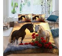 QIVELDE Horses Roses Bedding Set 3D Digital Printing Aesthetic Grassland Animals Seaside Duvet Cover Set 3 Pieces Microfiber Comforter Cover for Boys & Girls with Pillowcase King（220x240cm）