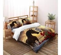 QIVELDE Horses Roses Bedding Set 3D Digital Printing Aesthetic Grassland Animals Seaside Duvet Cover Set Microfiber Comforter Cover Universal for All Seasons Pillowcase Double（200x200cm）