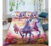 QIVELDE Pink Wild Horse Bedding Set Digital Printe Animal Themes Wildlife Duvet Cover Set Microfiber Quilt Cover Suitable for Family,couple,children with Pillow King(220x240cm)