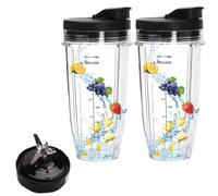 Qivine 2Pcs 24oz Blender Cups Replacement Parts Compatible with Nutri Ninja, Blender Cup with 7 Blade Fins and 2 Lid, Replacement Cups Compatible with Ninja BL2012/BL487A/BL492/BL640/NN100A/NN101