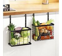 Qivine 2Pcs Kitchen Cupboard Door Storage Rack, Hanging Storage Wire Basket, Black Over the Cabinet Door Organizer, Adjustable Grid Storage Baskets with Hooks and Towel Bar for Pantry Baking Sheet