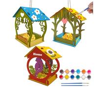 Qivine 3 Pack DIY Bird House Kit, Wood Arts Crafts for Kids to Build and Paint Birdhouse, Large Bird Bungalow Hanging Kits for Children Birdhouse Making Set with 12 Paints and 2 Brushes