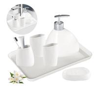 Qivine 6Pcs Bathroom Accessories Set, White Ceramics Bathroom Set, Luxury Bathroom Soap Dispenser Set Includes 2 Mouthwash Cup 1 Toothbrush Holder 1 Soap Box 1 Lotion Bottle and Tray for Home