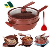 Qivine 6Pcs/Set Non Stick Frying Pan with Lid, 32cm Purple Clay Ceramic Pot, 4 in 1 Kitchen Cookware Sets Frying Pan Kit with Steamer, Spatula and 2 Sponge Cleaner for Induction Gas All Hobs