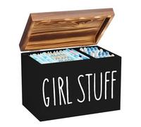 Qivine Cotton Bud Holder with 2 Compartments, Wooden Tampon Holder for Bathroom Decor, Feminine Bathroom Storage Box with Lid for Girls' Sanitary Stuff in the Bathroom (Black)