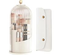 Qivine Makeup Brush Holder with Lid, 360 Rotatable Cosmetic Organiser with Makeup Bag, 3 Compartment Skincare Storage Box, Dustproof Cosmetics Storage Containers for Dressing Table, Drawer