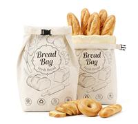 Qivra Pack of 2 Bread Bags Storage Fresh, 43 x 33 cm Beeswax Bread Bags with Zip, Reusable Cotton Bread Bags Large Organic for Bread and Baked Goods
