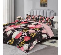 Qiwagu Black Duvet Double, Coverless Duvet 7.5 Tog with Pink Flowers Pattern, Soft Lightweight Comforter Set for Autumn Summer, 1 Quilt Double 200x200cm with 2 Pillowcases, Machine Washable, A953