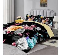 Qiwagu Black Duvet Super King Size, Coverless Duvet 7.5 Tog with Colourful Flowers Pattern, Soft Lightweight Comforter Set for Autumn Summer, 1 Superking Quilt 260x220cm with 2 Pillowcases, A983