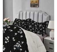 Qiwagu Black Queen Size Duvet, Coverless Duvet 7.5 Tog with Floral White Pattern, Soft Lightweight Comforter Set for Autumn Summer, 1 Quilt 228x228cm with 2 Pillowcases, Machine Washable