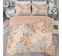 Qiwagu Brown Duvet Super King Size, Coverless Duvet 7.5 Tog with Blue Leaf Pattern, Soft Lightweight Comforter Set for Autumn Summer, 1 Superking Quilt 260x220cm with 2 Pillowcases, Machine Washable