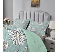 Qiwagu Cyan Duvet Single, Coverless Duvet 7.5 Tog with White Flowers Pattern, Soft Lightweight Comforter Set for Autumn Summer, 1 Quilt Single 135x200cm with 1 Pillowcase, Machine Washable