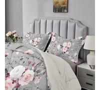 Qiwagu Gray Queen Size Duvet, Coverless Duvet 7.5 Tog with Flower Plants Pattern, Soft Lightweight Comforter Set for Autumn Summer, 1 Quilt 228x228cm with 2 Pillowcases, Machine Washable